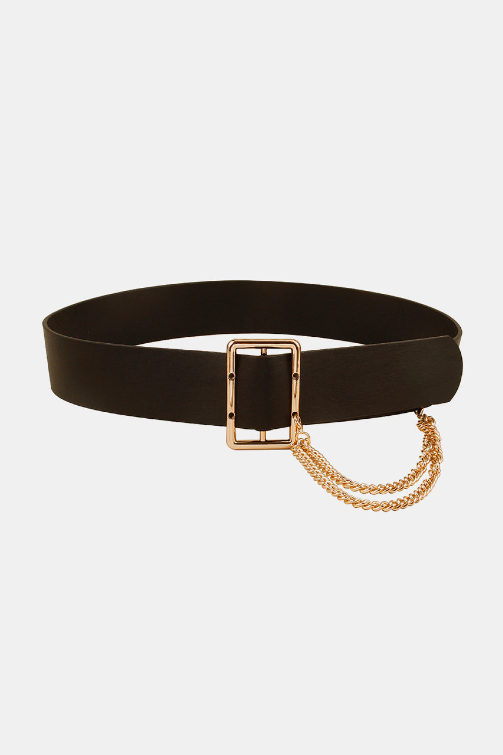 Black faux leather belt with gold buckle and double chain detail