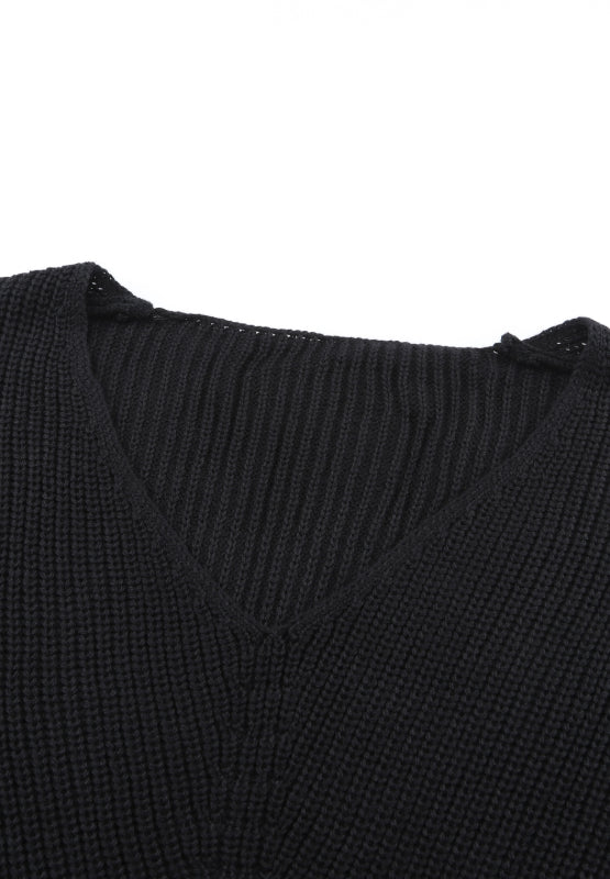 Black relaxed knit V-neck pullover sweater with ribbed texture.