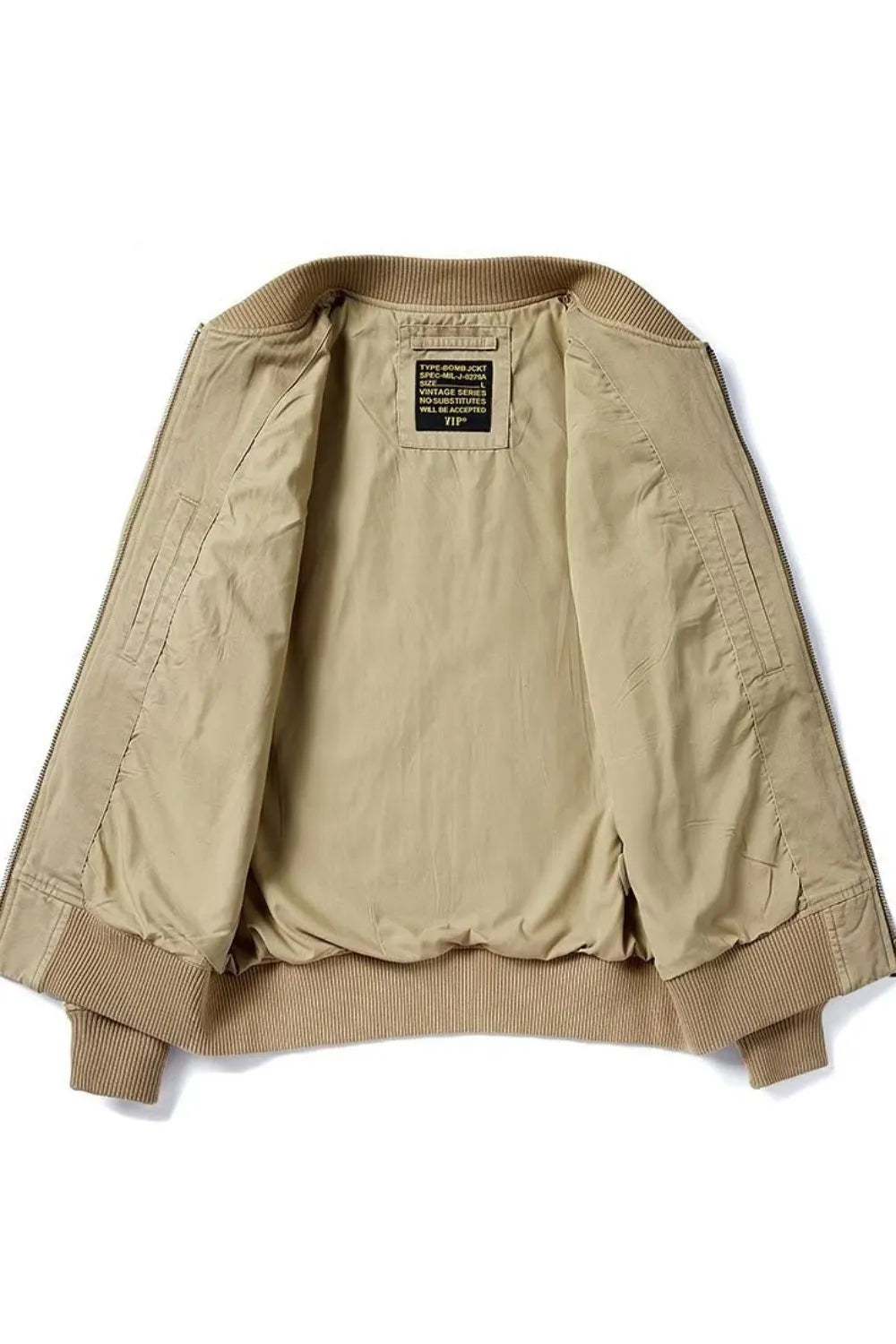 Khaki bomber jacket with ribbed cuffs and hem, featuring a patch detail on the inside label.