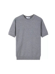 Men's gray acrylic knit crew neck short sleeve undershirt with ribbed cuffs and hem