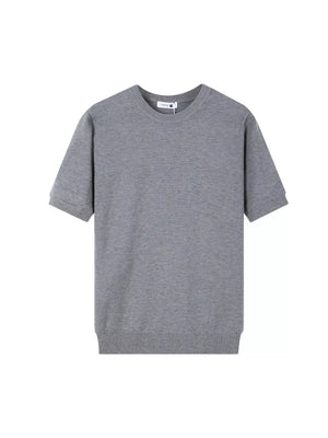 Men's gray acrylic knit crew neck short sleeve undershirt with ribbed cuffs and hem