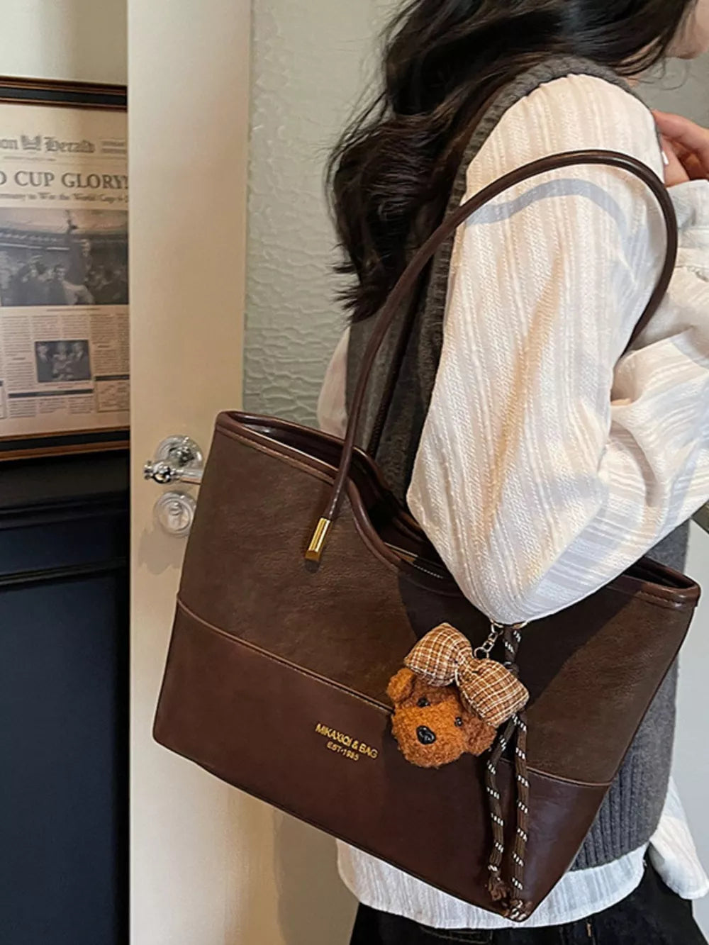 Pu Leather Shoulder Bag in Brown, front view