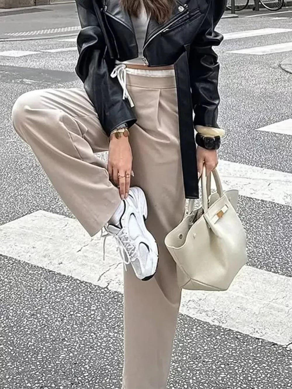 Wide-leg Pants With Drawstring Waist in Khaki, back view