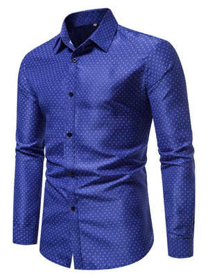 Dark blue cotton button-up shirt with micro-dot pattern and slim fit.