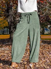 Sage corduroy wide-leg pants with drawstring waist and pockets