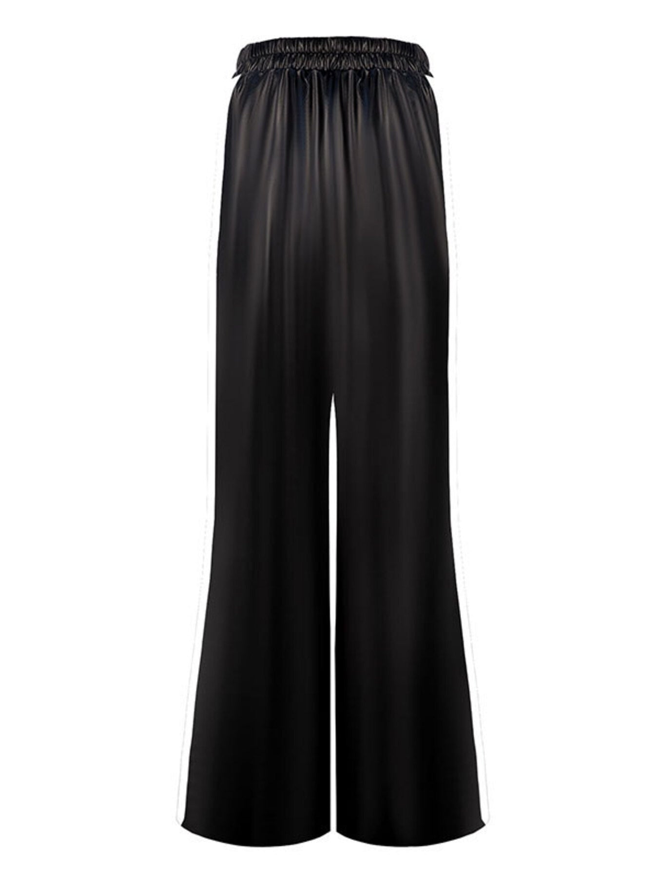 Black faux leather wide leg track pants with elastic waistband