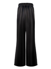 Black faux leather wide leg track pants with elastic waistband