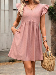 Bean Paste Powder A-line dress with ruffled sleeves and textured fabric, v-neck, above knee length.