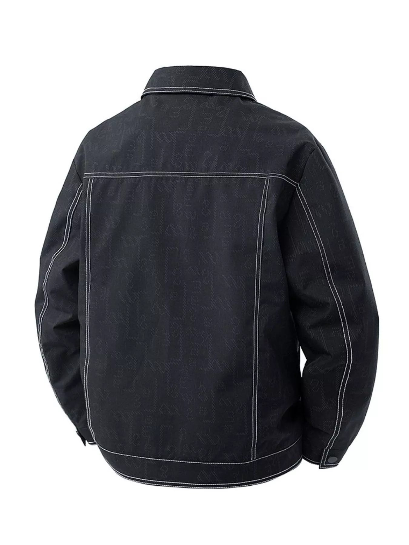 Black oversized denim trucker jacket with allover logo pattern and contrast stitching.