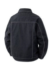 Black oversized denim trucker jacket with allover logo pattern and contrast stitching.