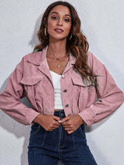 Dusty pink corduroy cropped utility jacket with button front and chest pockets