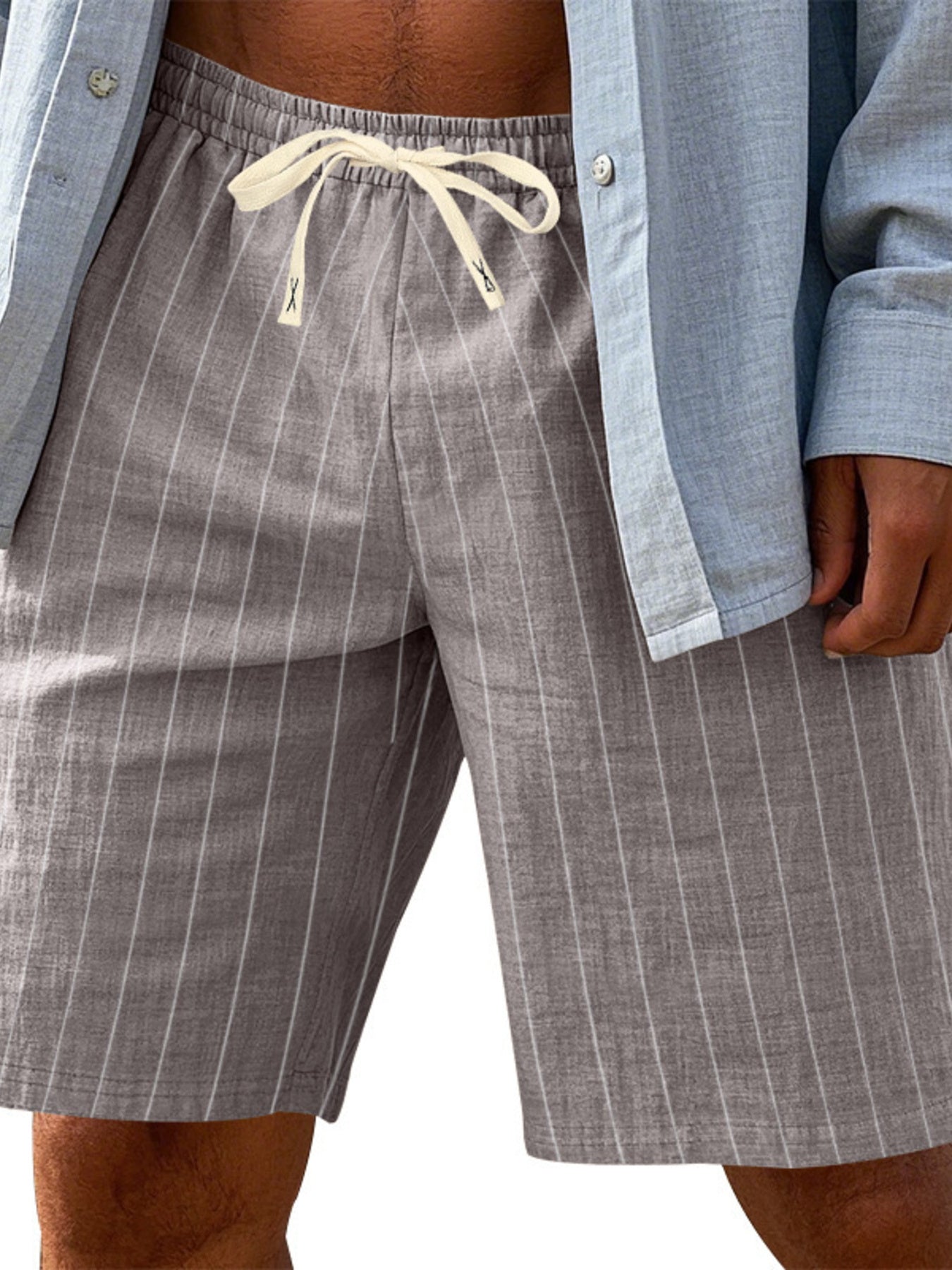Gray and white striped chino shorts with drawstring waist