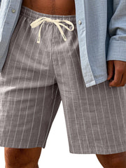 Gray and white striped chino shorts with drawstring waist