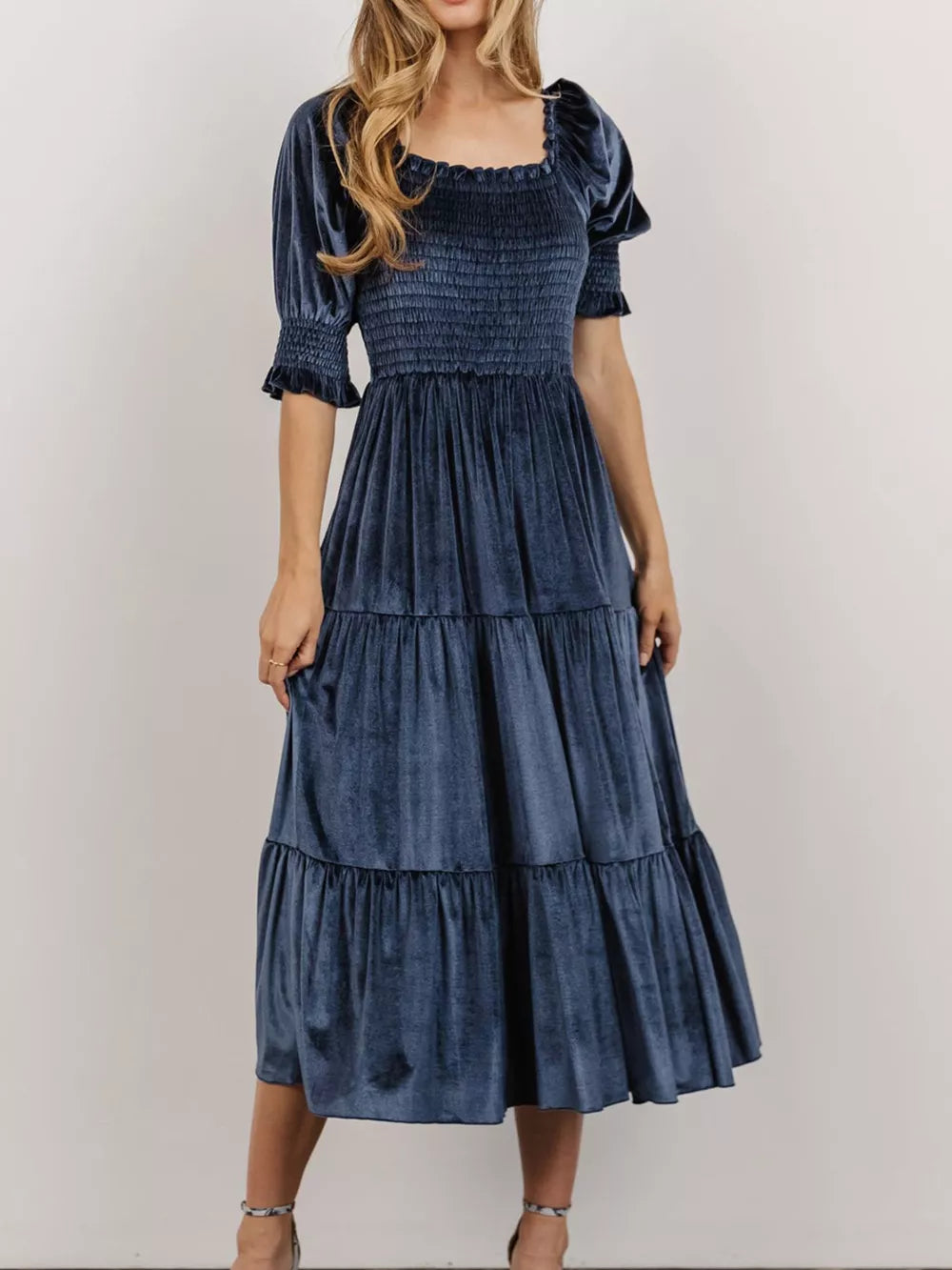 Dusty blue velvet smocked midi dress with ruffled square neck and puff sleeves