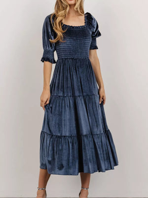 Dusty blue velvet smocked midi dress with ruffled square neck and puff sleeves