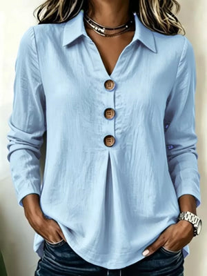 Button Detail Long Sleeve Blouse in Light Blue, back view
