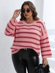 Blush pink and burgundy striped knit sweater with shoulder buttons.