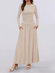 Apricot long sleeve ruched maxi dress with pockets