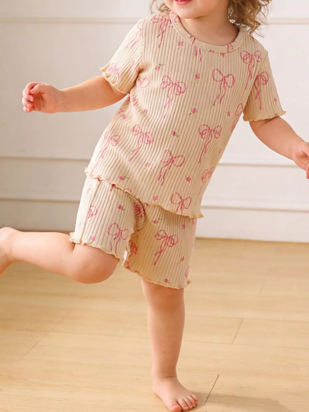 Children's Ribbed Knit Top And Shorts Set in Apricot, side view
