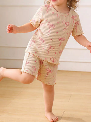Children's Ribbed Knit Top And Shorts Set in Apricot, side view