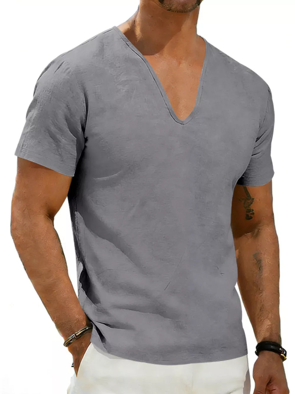 Men's gray V-neck linen tee with short sleeves.