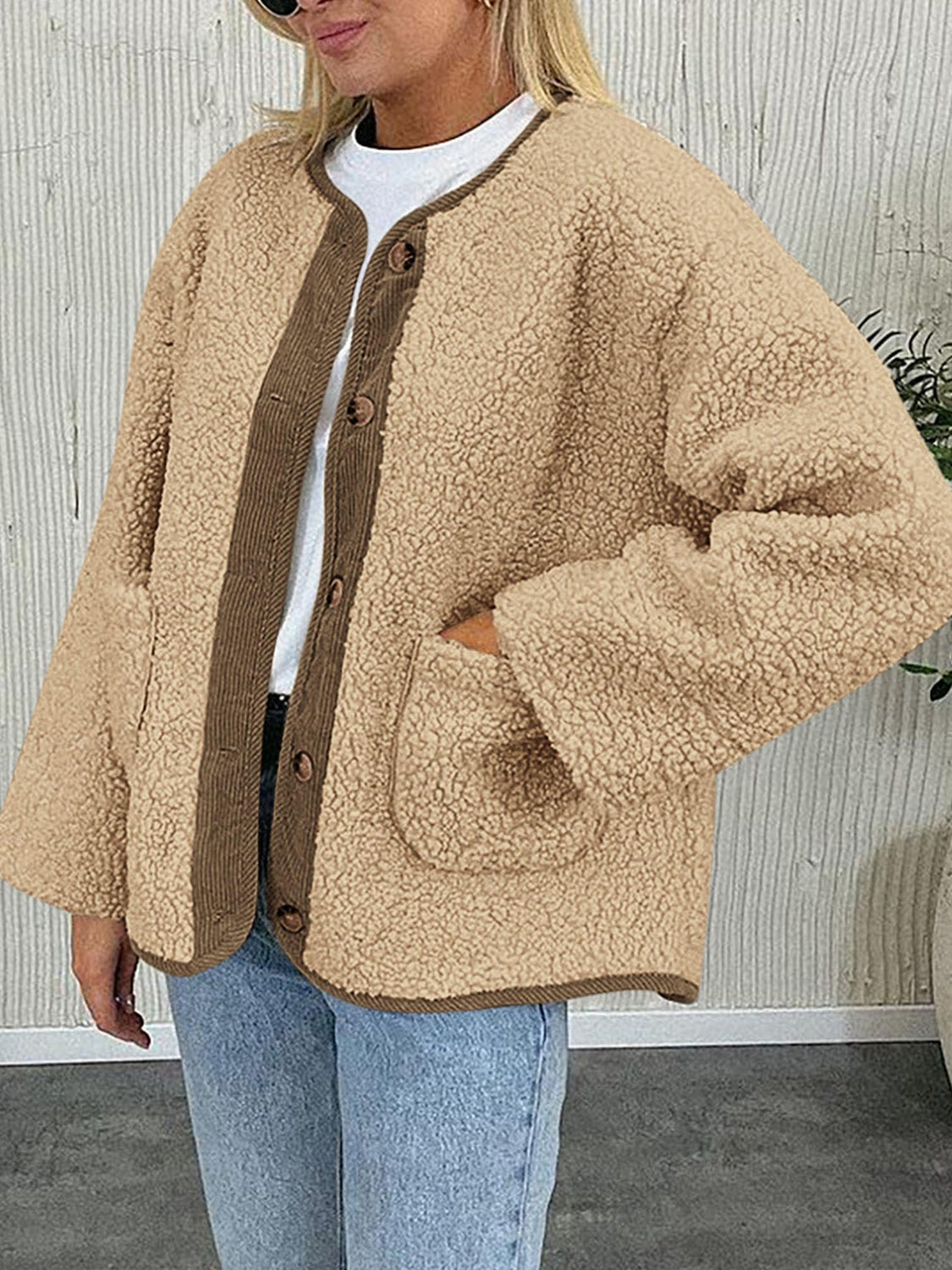 Tan teddy-texture button-up jacket with corduroy trim and pockets