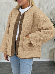 Tan teddy-texture button-up jacket with corduroy trim and pockets