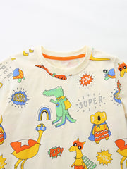 Cream cotton toddler boys' underwear tee with cartoon animal superhero print.