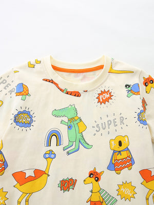 Cream cotton toddler boys' underwear tee with cartoon animal superhero print.