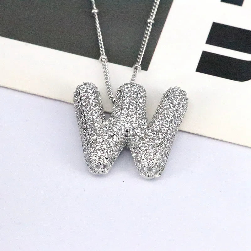 Pave initial pendant necklace with beaded chain, Style W
