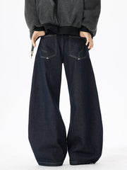 Exaggerated wide-leg dark wash denim jeans with contrast stitching and back pockets.