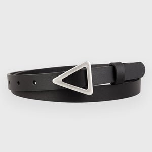 Black cowhide leather belt with silver triangle buckle