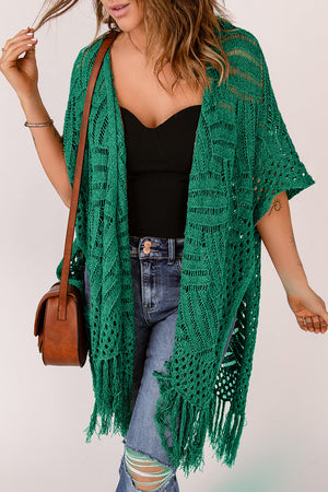 Green open knit chevron fringe cardigan with short sleeves and open front.