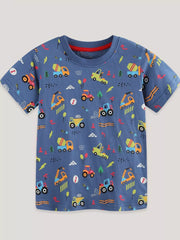 Blue cotton t-shirt with playful construction vehicle print and red trim.