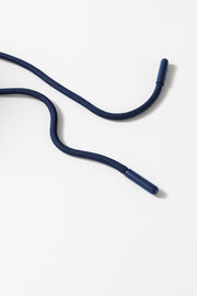 Navy drawstring with blue aglets on a white background