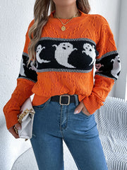 Orange cable knit crewneck sweater with ghost motif and long sleeves.