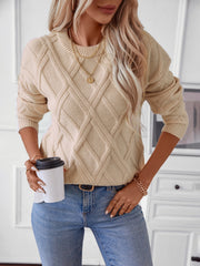 Diamond cable knit crewneck sweater in khaki with a relaxed fit.