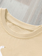 Beige cotton baby girls' t-shirt with swan print and ruffle sleeves