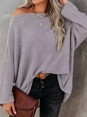 One-shoulder Waffle Knit Top in Brown, alternate angle