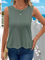 Army green openwork knit tank top with crew neck and scalloped hem.