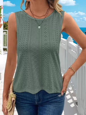 Army green openwork knit tank top with crew neck and scalloped hem.