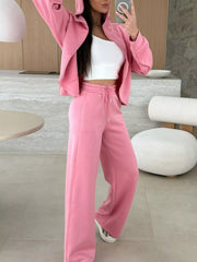 Dusty pink relaxed fit zip-up hoodie and wide-leg drawstring pants set.