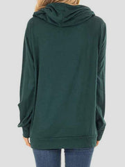 Dark green cowl neck hoodie with long sleeves and a relaxed fit.