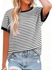 Classic Striped Crew Neck T-shirt in Dark Gray, side view
