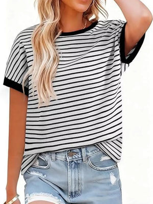 Classic Striped Crew Neck T-shirt in Dark Gray, side view
