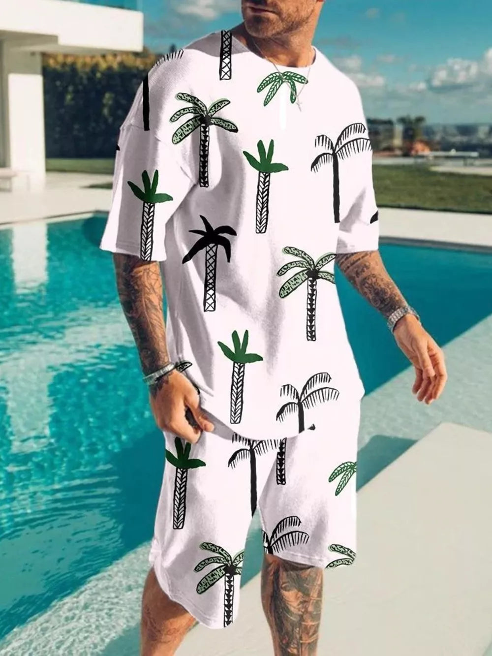 Men's Palm Tree Print Top And Shorts Set Plus Size in Aqua, front view