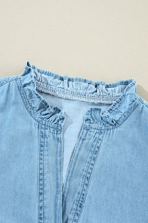 Light blue denim shirt dress with ruffled collar and button placket detail