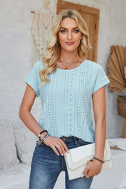 Light blue perforated eyelet cuffed tee with short sleeves and crew neck.