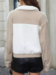 Colorblock corduroy and sherpa zip jacket in white and tan with a sherpa collar.