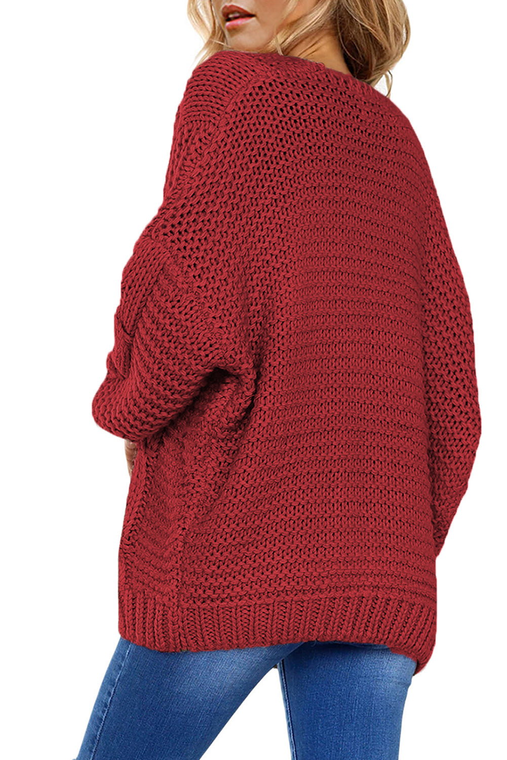 Burgundy cable knit cocoon cardigan with open front and relaxed fit.